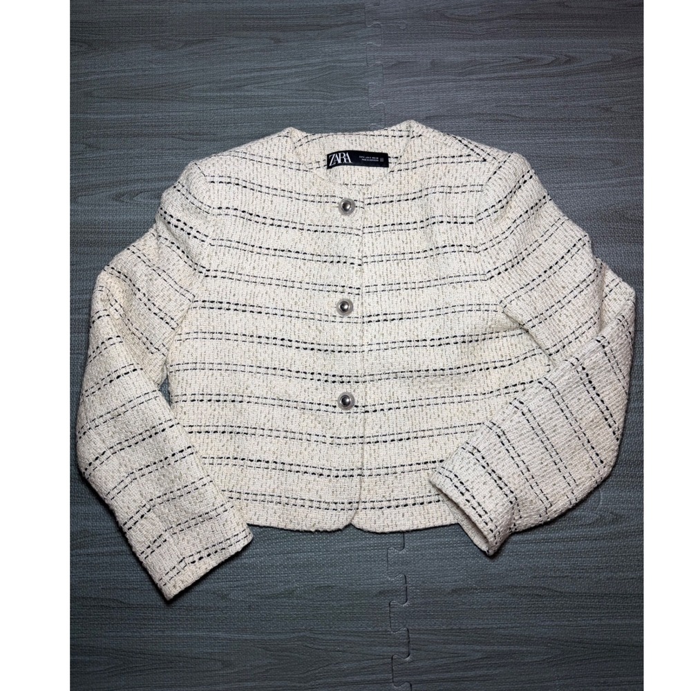 Zara Womens Cream Black Striped Tweed Cropped Jacket Silver Button Small